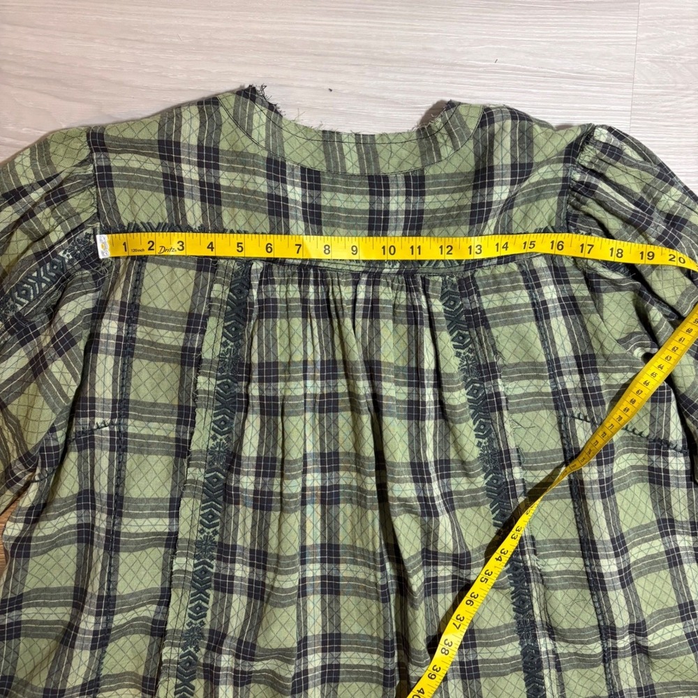 Free People Blouse Women Green Plaid Embroidered Henley Boho Raw Hem Size S - Picture 12 of 16